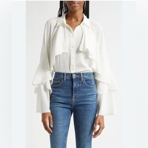 Veronica Beard Demaris Ruffle Stretch Silk Button-Up Shirt